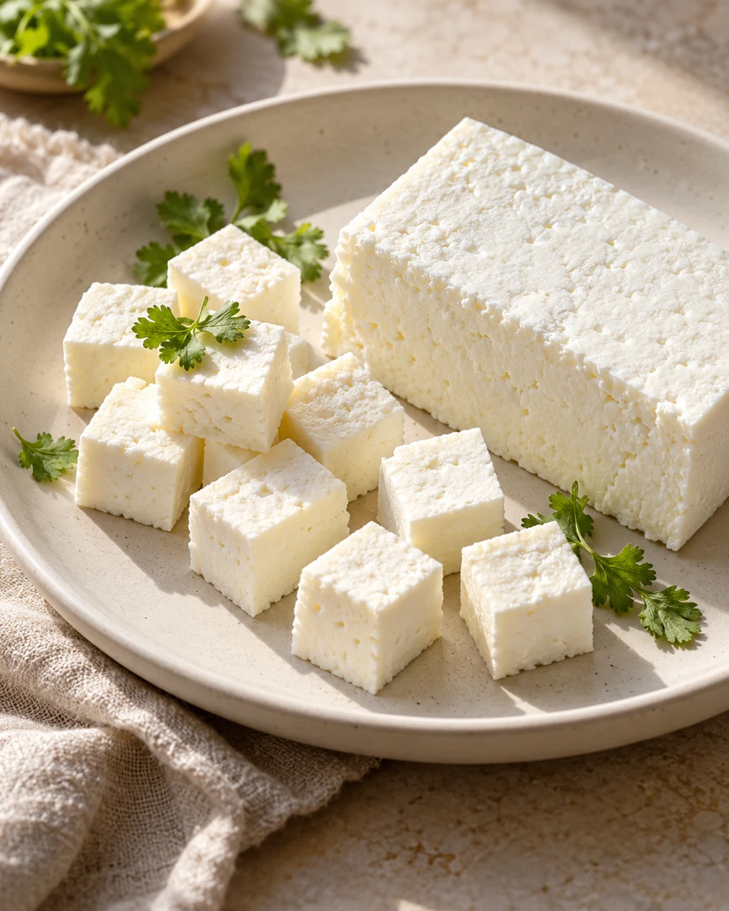 Paneer cubes on an ivory ceramic plate with fresh herbs, an illustrative food scene.